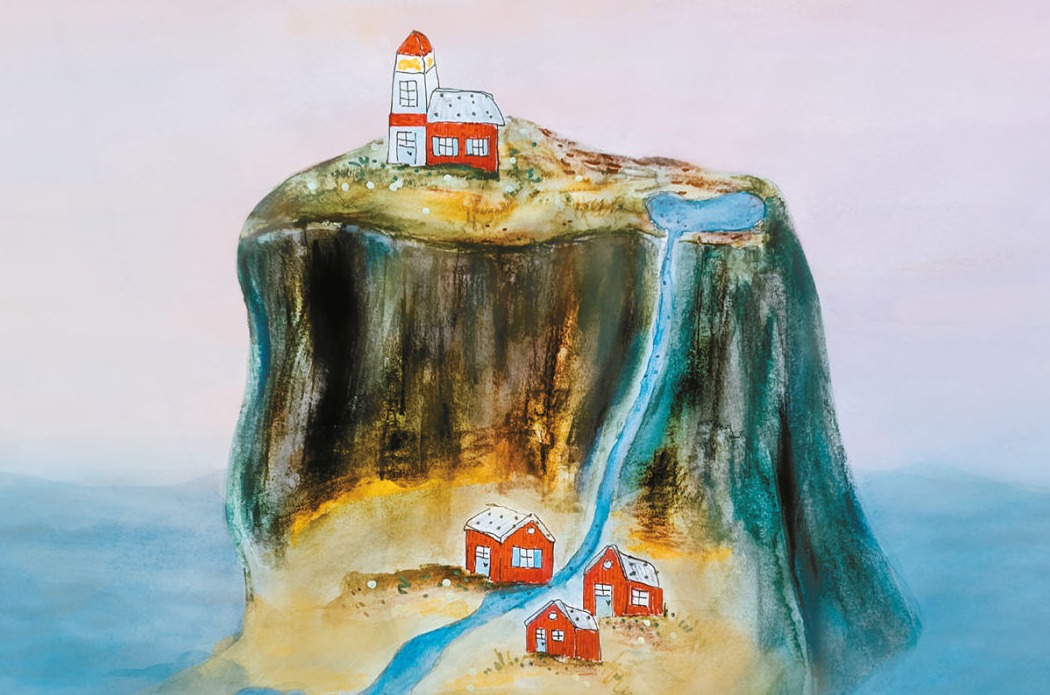 Felsen im Meer mit Wasserfall. Oben steht ein Leuchtturm mit Haus und unten am Ende des Felsen stehen drei Häuser. Alle Gebäude sind rot-weiß. Illustration von Nicole Hey